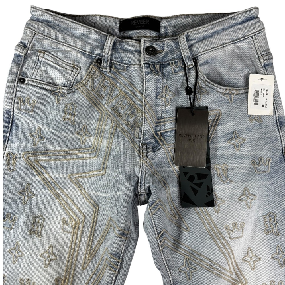 Reveer Jeans RVR Mens Skinny Fit Ice Blue Wash Embroidered Star Crown Size 28‎